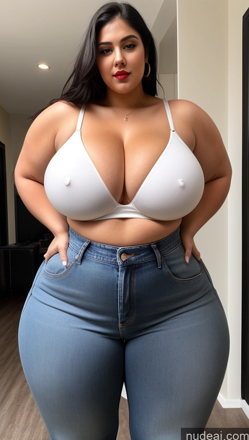 ai nude image of araffed woman in a white bra top and jeans posing for a picture pics of Huge Boobs Big Ass Abs Chubby Big Hips Fairer Skin Black Hair Long Hair Indian Jeans Lipstick