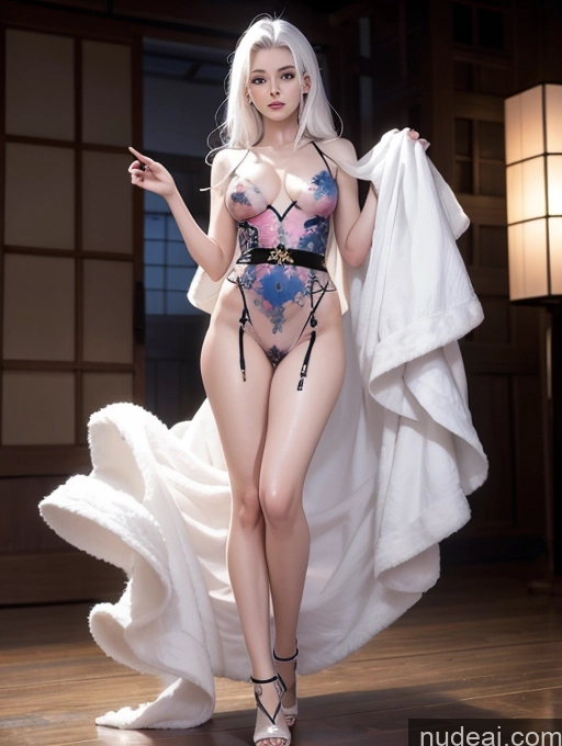 ai nude image of araffe woman in a lingerie posing in a room pics of Model One Skinny Beautiful 18 White Hair Japanese Long Hair High Heels Concept Painted Clothes (Bodypaint)