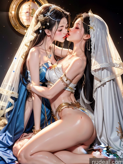 ai nude image of there are two women in costumes kissing each other on a bed pics of Model Skinny Beautiful 18 White Hair Japanese Long Hair High Heels China Goddess Fashion Two Kisses