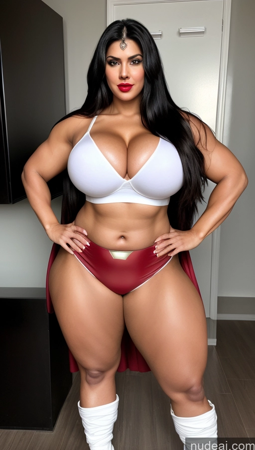 ai nude image of araffe woman in a white bra top and red panties posing for a picture pics of Huge Boobs Lipstick Big Ass Abs Chubby Fairer Skin Black Hair Long Hair Indian Muscular Superhero