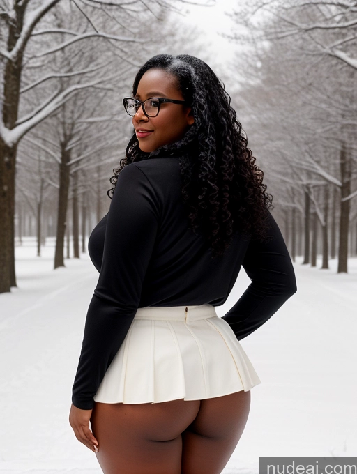 related ai porn images free for Seductive Black Black Hair Curly Hair 30s Chubby Glasses Snow Micro Skirt Shirt Back View