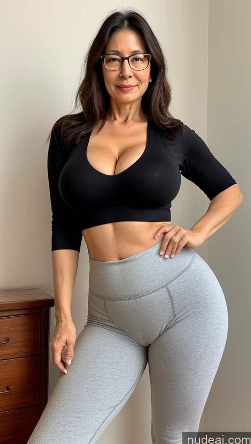 ai nude image of arafed woman in a black top and grey pants posing for a picture pics of Milf One Busty Perfect Boobs Big Ass Big Hips Pubic Hair Fairer Skin Black Hair Glasses Front View 60s Yoga Pants Chinese