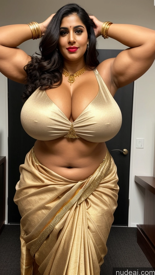 ai nude image of araffe woman in a sari posing for a picture pics of Huge Boobs Beautiful Lipstick Muscular Big Ass Abs Chubby Fairer Skin Black Hair Long Hair Indian Sari Gold Jewelry T-pose 20s