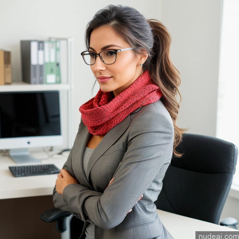 ai nude image of woman in business attire standing in front of a computer desk pics of 30s Woman Big Ass Glasses Beautiful Small Tits Sexy Face Seductive Brunette Ponytail Skin Detail (beta) Office Side View Yoga Pants Scarf Stylish Suit Detailed