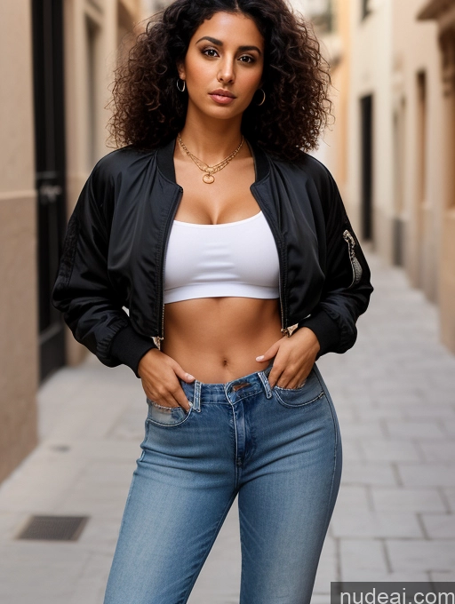 related ai porn images free for Woman Perfect Boobs Tanned Skin 20s Black Hair Arabic Front View Serious Curly Hair Jeans Pearl Jewelry Street Bomber Shirt