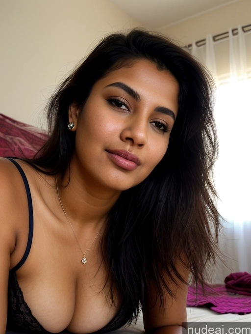 ai nude image of there is a woman laying on a bed with a black bra pics of Woman One Tanned Skin Black Hair Indian Cleavage Partially Nude 18 Pouting Lips Laughing Bedroom On Back Messy Chubby Front View Blouse Sari