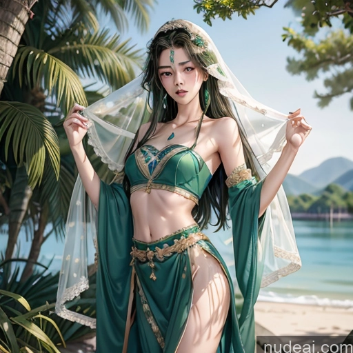 ai nude image of araffe woman in a green costume posing on a beach pics of Model One Beautiful Skinny 18 Green Hair Long Hair Japanese China Goddess Fashion