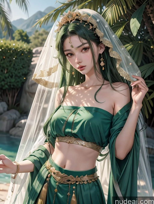 ai nude image of araffe woman in a green dress and veil posing for a picture pics of Model One Beautiful Skinny 18 Green Hair Long Hair Japanese China Goddess Fashion Close Up Vaginal + Creampie