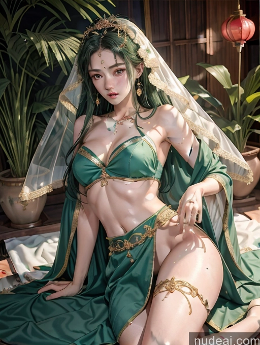 ai nude image of araffe woman in green dress sitting on a bed with a veil pics of Model One Beautiful Skinny 18 Green Hair Long Hair Japanese China Goddess Fashion Spanking