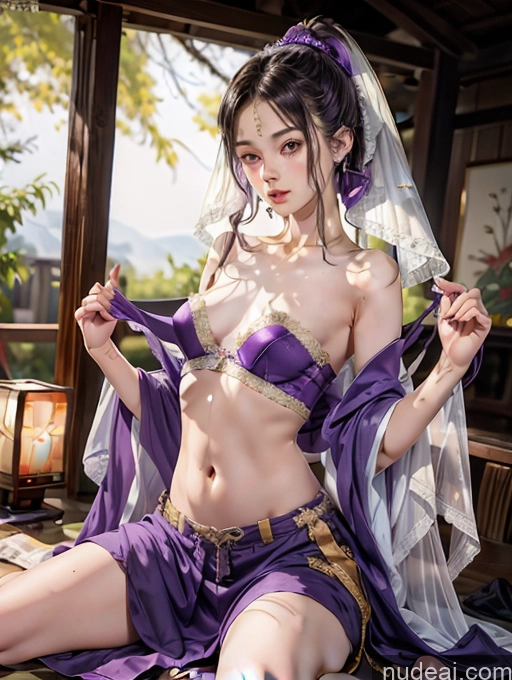 ai nude image of araffe woman in purple outfit sitting on a bed with a veil pics of Model One Beautiful Skinny 18 Purple Hair Ponytail Japanese China Goddess Fashion Undressing Bra