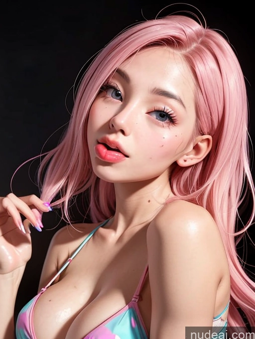 ai nude image of a close up of a woman with pink hair wearing a bikini pics of Model One Beautiful Skinny 18 Long Hair Japanese Bikini Pink Hair Kisses