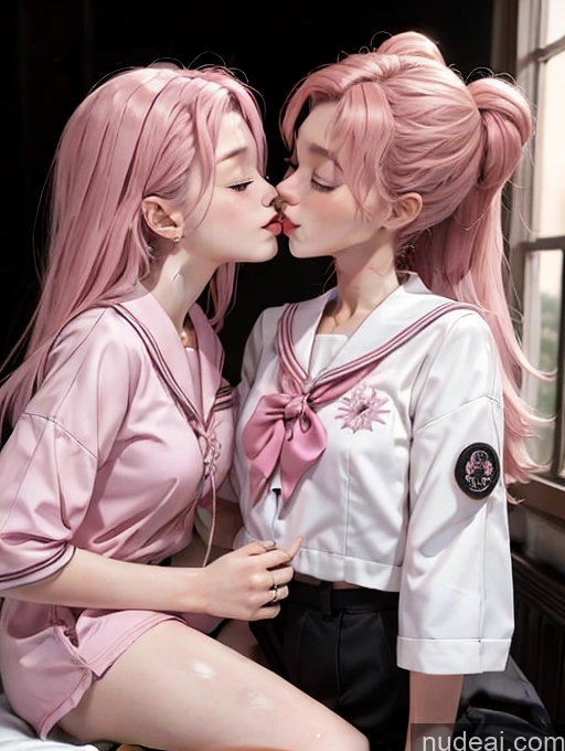 Model Beautiful Skinny 18 Long Hair Japanese Pink Hair Kisses Two JK Uniform