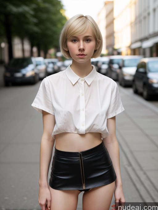 ai nude image of blond woman in a white shirt and black leather skirt posing for a picture pics of Woman Small Tits Beautiful Small Ass Skinny Fairer Skin 18 Blonde Short Hair Russian Microskirt Blouse Street