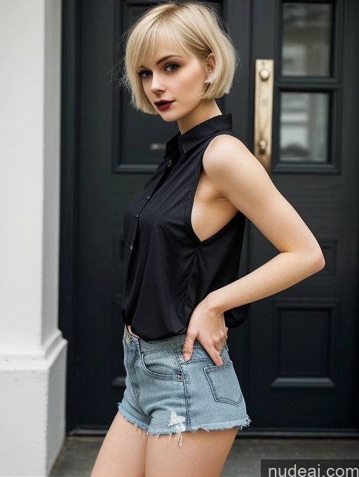 ai nude image of blond woman in black shirt and denim shorts posing in front of a black door pics of Woman Small Tits Beautiful Skinny Small Ass Fairer Skin 18 Blonde Short Hair Russian Front View Goth Short Shorts Shirt