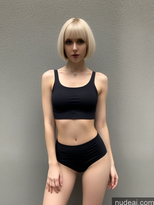 ai nude image of arafed woman in a black bikini and black panties posing for a picture pics of Woman Small Tits Beautiful Skinny Small Ass Fairer Skin Blonde Short Hair Russian Front View Goth Crop Top Short Shorts