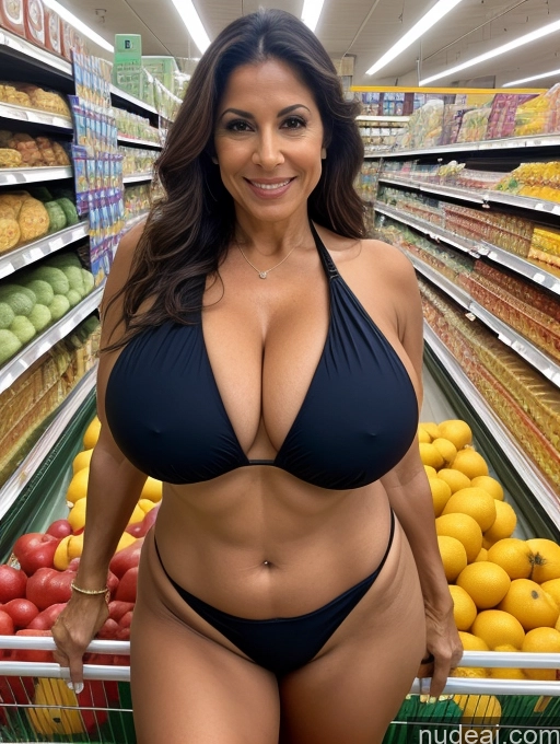 ai nude image of arafed woman in a black bikini posing in a grocery store pics of Milf One Busty Huge Boobs Tanned Skin Front View Microkini Thong 60s Grocery Brazilian