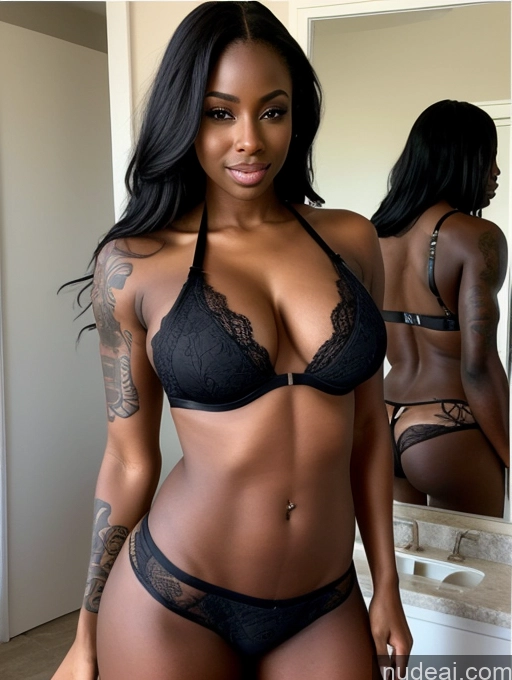 ai nude image of araffe woman in a black lingerie posing in front of a mirror pics of Lingerie Model Busty Perfect Boobs Beautiful Tattoos Muscular Bikini Bathrobe Blouse Sports Bra Tank Top Jeans Hip Hop Ahegao Long Hair African Dark Skin