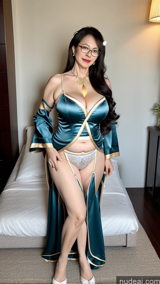 ai nude image of araffe dressed in a blue and gold costume posing on a bed pics of Milf One Busty Perfect Boobs Big Ass Big Hips Beautiful Pubic Hair Fairer Skin Black Hair 60s Asian Glasses Satin Miss Hina: Genshin Impact Cosplayers