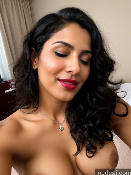 ai nude image of araffed woman with big breast posing on a bed pics of Perfect Boobs Beautiful Lipstick Perfect Body Orgasm Black Hair Indian Bedroom Nude Maid Topless Detailed Pubic Hair Jewelry 30s Seductive Sexy Face Curly Hair 3d Woman + Man Two Close-up View Cumshot