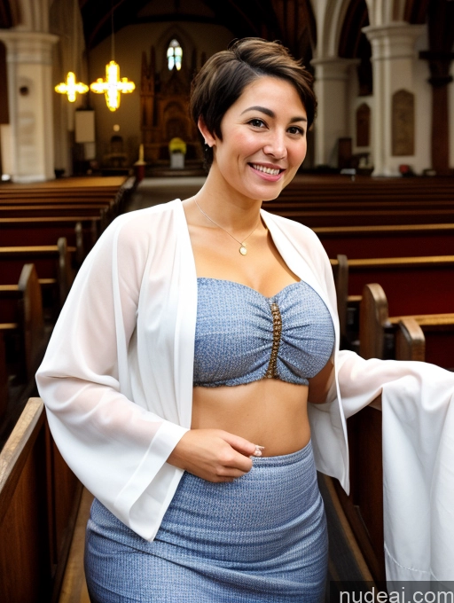 ai nude image of woman in a blue dress and white jacket standing in a church pics of Wife Or Girlfriend Big Hips Pubic Hair 50s Happy Brunette Pixie White Big Ass Hairy Women Church Traditional