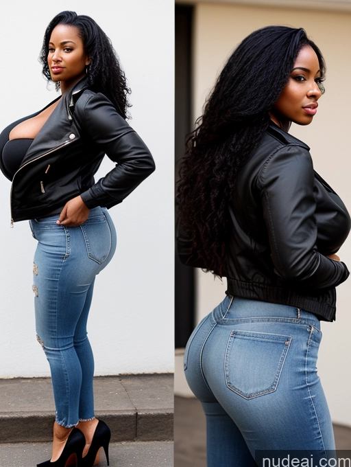 related ai porn images free for One Huge Boobs Thick Woman Big Ass Big Hips 30s African Black Hair Long Hair Cleavage Simple Detailed Alternative High Heels Jacket Jeans Side View