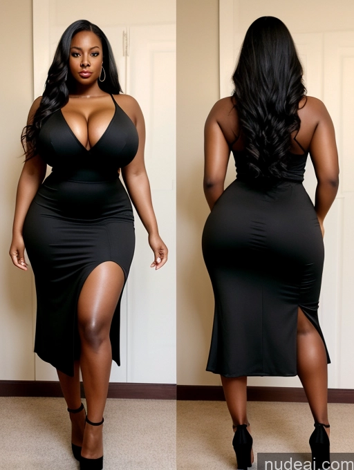 ai nude image of a close up of a woman in a black dress with a big breast pics of One Huge Boobs Thick Woman Big Ass Big Hips 30s African Black Hair Long Hair Cleavage Simple Detailed Alternative High Heels Front View Dress Long Skirt