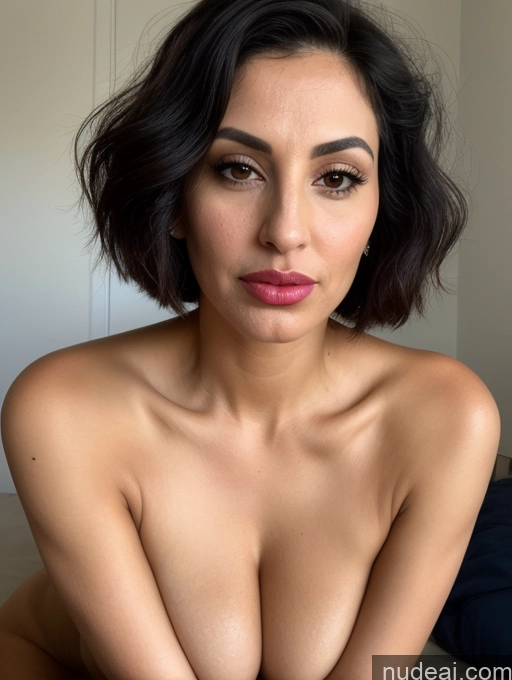 ai nude image of arafed woman with a very big breast sitting on a bed pics of Close-up View Seductive Serious Sad Sexy Face Busty Tanned Skin Bending Over Jewish Black Hair Bobcut Laughing Shocked Pouting Lips 30s Milf