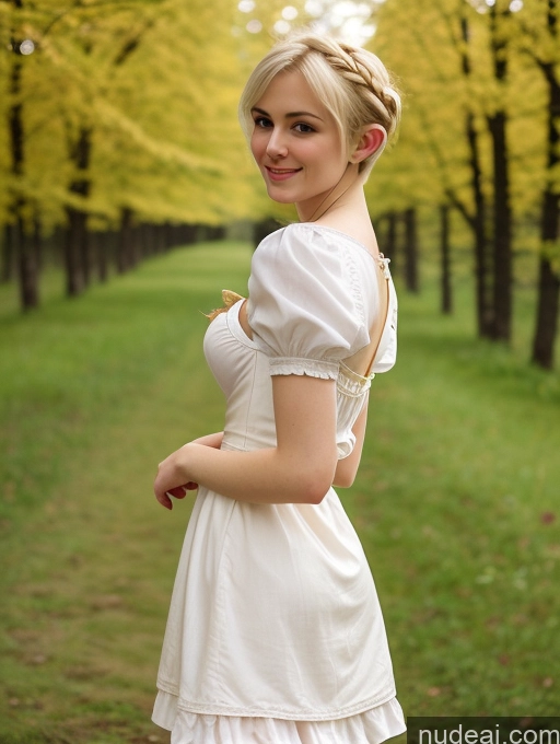 ai nude image of blond woman in white dress posing in a park with trees pics of Woman Small Tits Beautiful Skinny Small Ass Fairer Skin 18 Blonde Pixie Russian Front View Dirndl