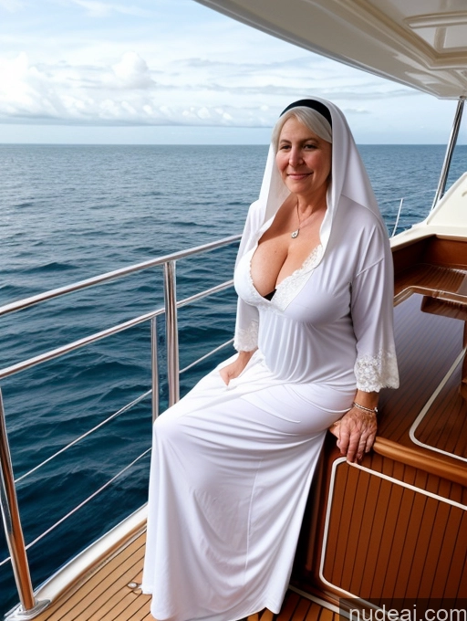 ai nude image of woman in white dress sitting on a boat with a view of the ocean pics of Milf Busty One Big Ass 70s White Hair Long Hair British Yacht Cleavage Nun Nightgown