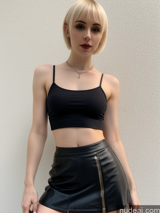 ai nude image of arafed woman in a black top and a black skirt pics of Woman Small Tits Beautiful Small Ass Skinny Fairer Skin 18 Blonde Pixie Russian Front View Goth Crop Top Mini Skirt