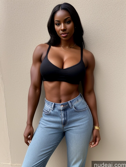 ai nude image of arafed woman in a black top and jeans posing for a picture pics of African Seductive 90s Blouse Casual Jeans Pajamas Perfect Boobs Busty Beautiful Muscular Perfect Body Dark Skin