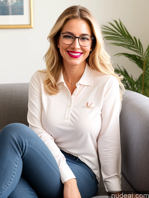 ai nude image of blond woman with glasses sitting on a couch in a living room pics of Woman Busty Beautiful Glasses Lipstick 20s Happy Laughing Blonde Slicked British Couch Jeans Shirt Polo