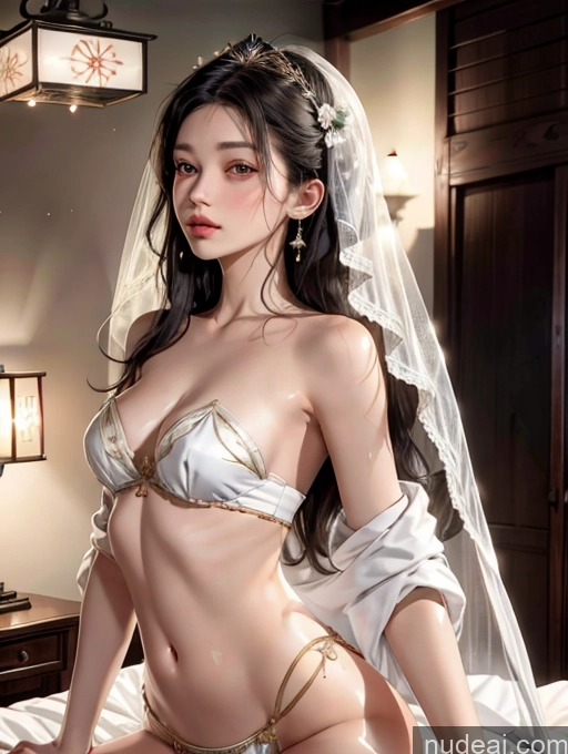 ai nude image of araffed asian woman in a wedding dress sitting on a bed pics of Model Beautiful Skinny 18 Black Hair Long Hair Japanese Kisses Two Bedroom China Goddess Fashion