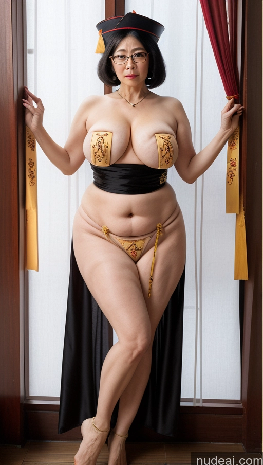 ai nude image of araffe woman in a black and gold costume posing for a picture pics of Milf One Busty Big Ass Big Hips Pubic Hair Fairer Skin Asian 60s Black Hair Glasses Erotic-Jiangshi-China-Zombie