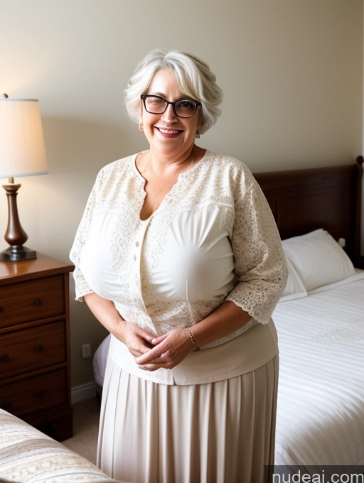 ai nude image of smiling woman in a white dress standing in front of a bed pics of Milf Huge Boobs Big Ass Glasses Big Hips Pubic Hair 80s Happy White Hair White Chubby Bedroom Pixie Blouse Long Skirt