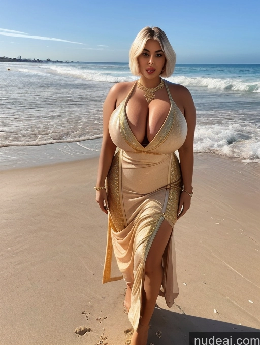 ai nude image of araffe woman in a gold dress walking on the beach pics of Bimbo One Busty Huge Boobs Big Ass Thick Chubby Fat Big Hips Short Hair Beach Nude Salwar Diamond Jewelry Gold Jewelry