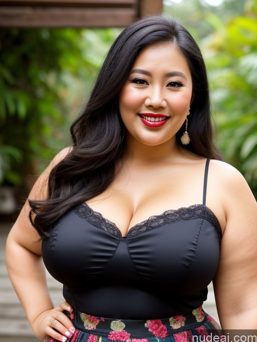 ai nude image of araffe woman in a black bra top and floral skirt posing for a picture pics of Milf Busty Beautiful Lipstick Thick Big Hips Long Hair 30s Happy Black Hair Dress Long Skirt Close-up View Fat Chubby Indonesian