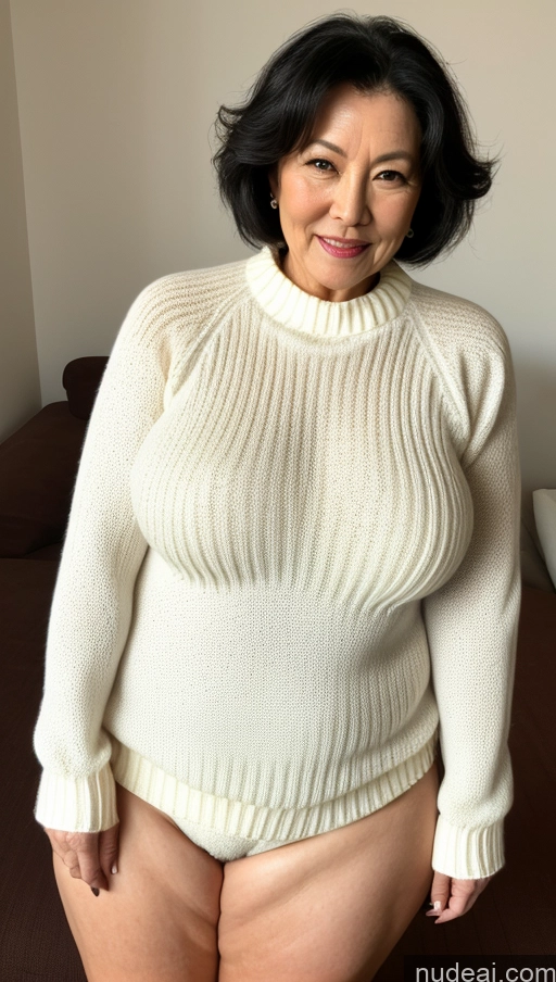 ai nude image of arafed woman in a white sweater posing for a picture pics of Milf One Busty Big Ass Big Hips Pubic Hair Fairer Skin 60s Black Hair Asian Sweater