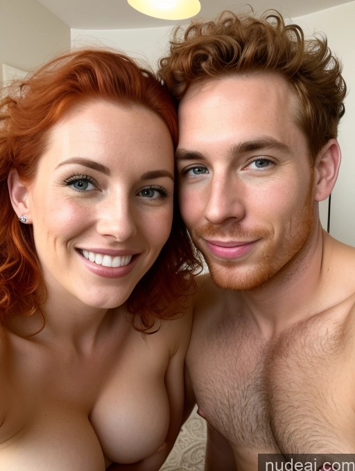 related ai porn images free for Two Woman + Man Perfect Boobs Beautiful 30s Happy Ginger Curly Hair Irish Surrealist Bedroom Front View Nude Bright Lighting Detailed Blowjob