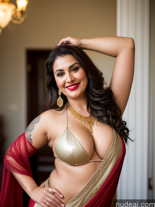 ai nude image of araffe woman in a gold and red sari posing for a picture pics of Milf Busty Beautiful Lipstick Chubby Thick Big Hips Pubic Hair Fairer Skin 20s Happy Seductive Brunette Long Hair Russian Front View Party Cleavage Gold Jewelry Skin Detail (beta) Tattoos Fat T-pose Sari Firefighter