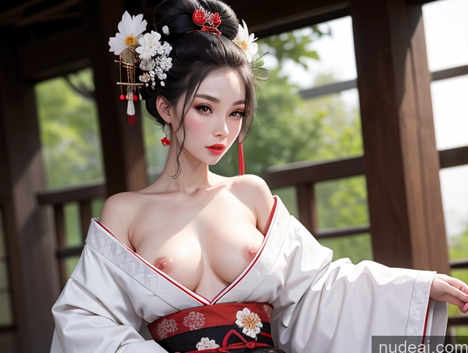 ai nude image of there is a woman in a kimono dress posing for a picture pics of Fairer Skin Japanese Black Hair Hair Bun Geisha Small Tits Skinny