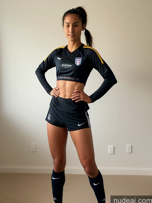 ai nude image of arafed woman in a black soccer uniform posing for a picture pics of Athlete Small Tits Small Ass Big Hips Long Legs Tall Pubic Hair 18 Sexy Face Black Hair Ponytail White Bedroom T-pose Soccer