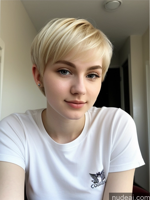 ai nude image of blond woman with short hair wearing a white shirt and earrings pics of Sorority Beautiful Fairer Skin 18 Blonde Pixie Russian Close-up View Shirt