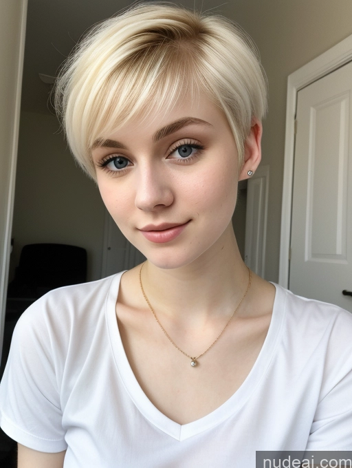 ai nude image of blond woman with short hair wearing a white shirt and a necklace pics of Beautiful Fairer Skin 18 Blonde Sorority Russian Close-up View Shirt Pixie