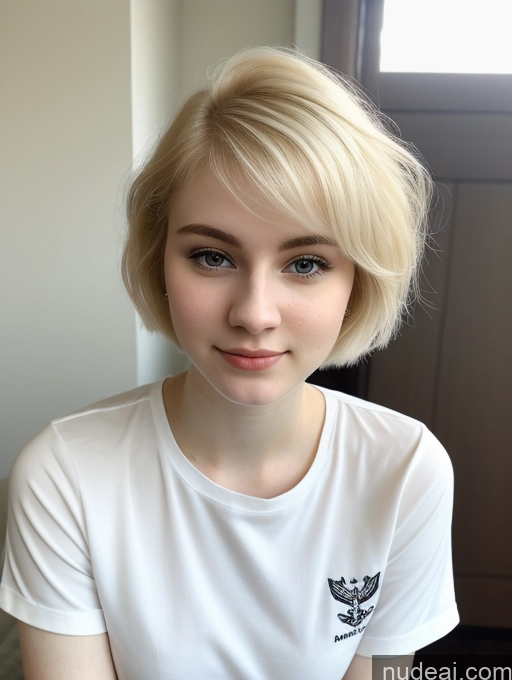 ai nude image of blond woman with short hair and white shirt sitting in front of a window pics of Beautiful Fairer Skin 18 Blonde Sorority Russian Close-up View Shirt Pixie