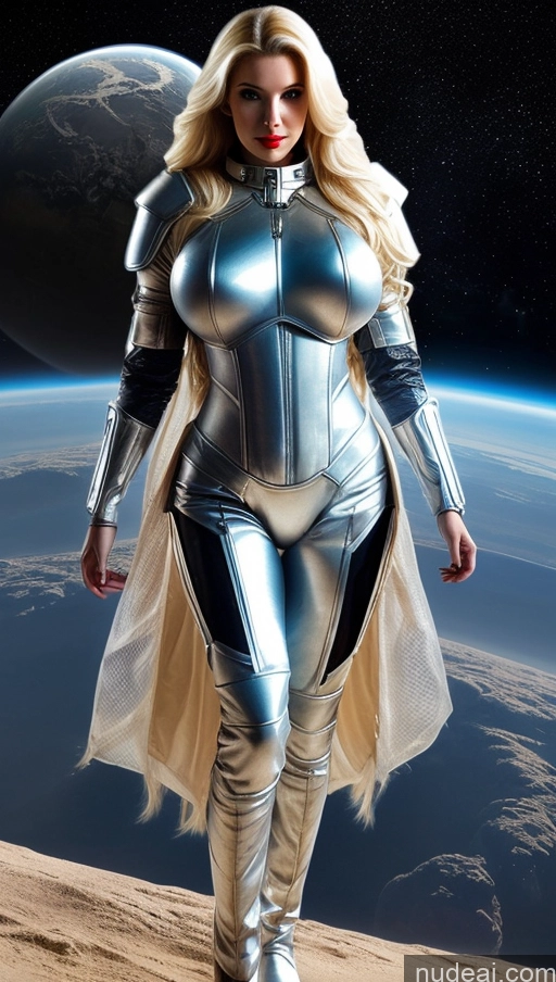 ai nude image of arafed woman in a silver suit standing on a rock pics of Sci-fi Armor Huge Boobs Lipstick Blonde Long Hair Fantasy Armor Space Suit