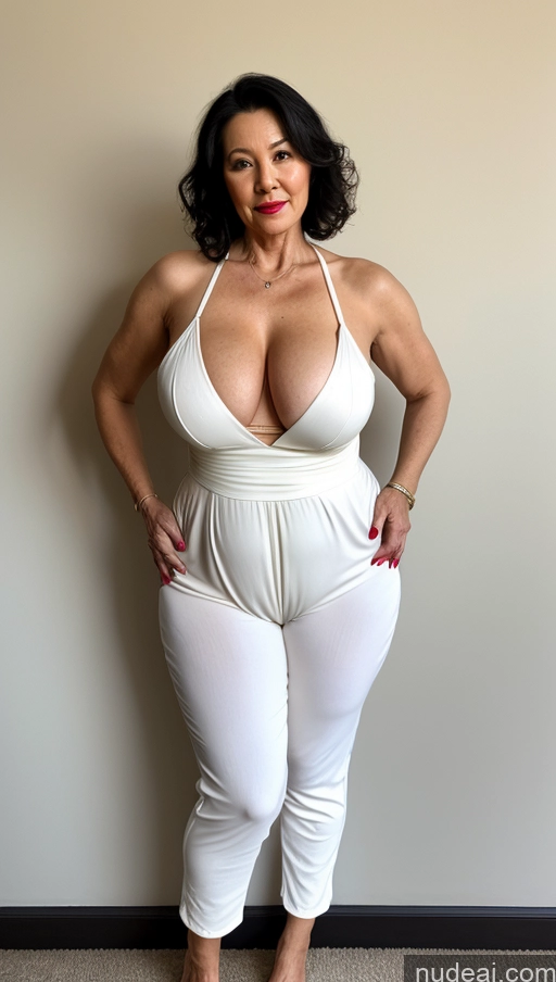 ai nude image of arafed woman in white jumpsuit posing for a picture pics of Milf One Busty Big Ass Big Hips Pubic Hair Fairer Skin Asian Black Hair Partially Nude Lipstick 60s Jumpsuit