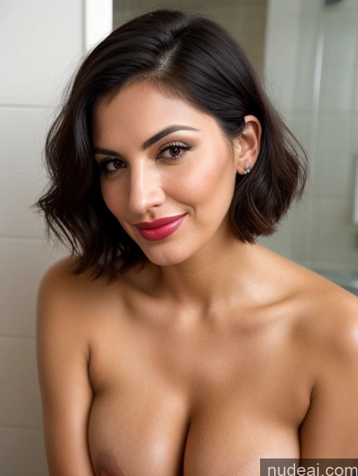 ai nude image of arafed woman with a big breast posing in a bathroom pics of Close-up View Seductive Serious Sad Sexy Face Shocked Laughing Busty Tanned Skin Jewish Black Hair Bobcut Bathroom Milf Pouting Lips 20s Happy