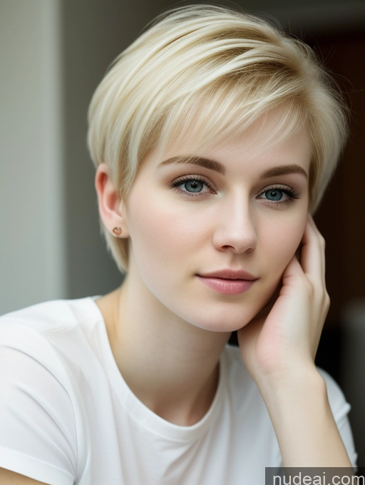 ai nude image of blond woman with short hair and blue eyes posing for a picture pics of Woman Beautiful Fairer Skin 18 Blonde Pixie Russian Close-up View Shirt