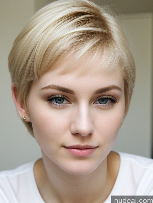 ai nude image of blond woman with short hair and piercings looking at camera pics of Woman Beautiful Fairer Skin 18 Blonde Pixie Russian Close-up View Shirt